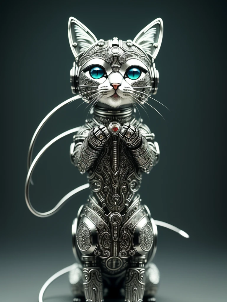 Cute kitten made of metal, (cyborg:1.1), ([tail | detailed wire]:1.3), (intricate details), High resolution, (intricate details, hyperdetailed:1.2), Cinematic shots, Vignette, Centered、Creating the Universe、