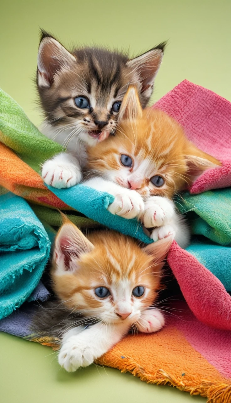 Three kittens playing wrapped around a colorful towel.