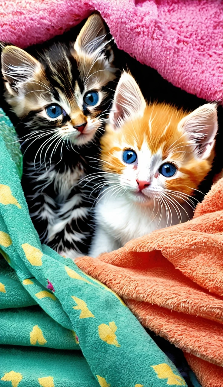 Three kittens playing wrapped around a colorful towel.