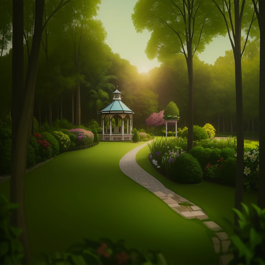 a gazebo in a green park with flowers and trees, Parques e Jardins, pleasant environment, Jardim bonito no fundo, beautiful eden garden, Bom lugar, belo jardim, verde real e luz natural, Gazebos, belos arredores, Ambiente tranquilo, ambiente do jardim, Fundo do jardim real, in a scenic background, paisagem do jardim, Beautiful image, casas e jardins