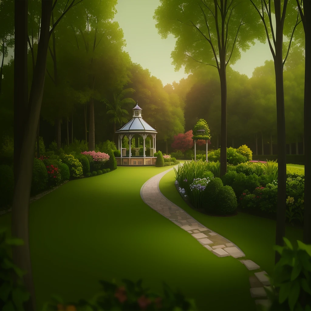 a gazebo in a green park with flowers and trees, Parques e Jardins, pleasant environment, Jardim bonito no fundo, beautiful eden garden, Bom lugar, belo jardim, verde real e luz natural, Gazebos, belos arredores, Ambiente tranquilo, ambiente do jardim, Fundo do jardim real, in a scenic background, paisagem do jardim, Beautiful image, casas e jardins