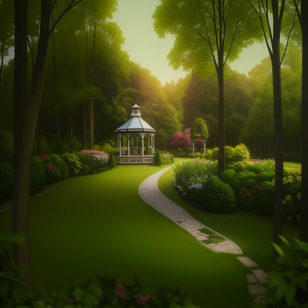 a gazebo in a green park with flowers and trees, Parques e Jardins, pleasant environment, Jardim bonito no fundo, beautiful eden garden, Bom lugar, belo jardim, verde real e luz natural, Gazebos, belos arredores, Ambiente tranquilo, ambiente do jardim, Fundo do jardim real, in a scenic background, paisagem do jardim, Beautiful image, casas e jardins