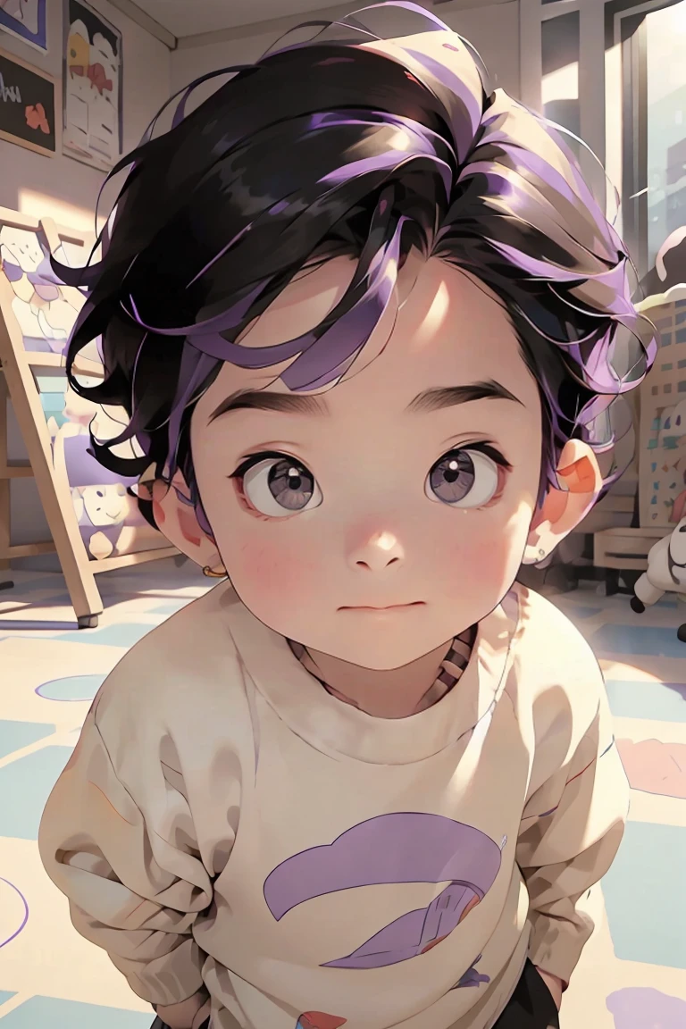 Boy, Black hair, purple eyes, multicolored hair, purple hair, hair between eyes, highlighted hair, He is an 11 year old boy with purple eyes, he has a very cheeky facial expression, he is wearing a children's sweater and sweatpants, he is wearing on his body Pavement and is dirty from playing. broad, confident smile background: schoolyard, children playing, he is a very popular boy, the boss on the pitch, he plays with the other children, he is very popular with the little girls
