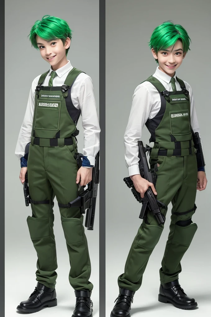 (Highest quality, Tabletop), One boy,  nice,( Fine grain), Sparkling eyes, Standing boy, (three views), front, Back and sides, Character Sheet, whole body, Simple Background, Assault rifle,  Handsome ,(Frog Parker), Green Hair, blue eyes , Laughter ,Look up, alone