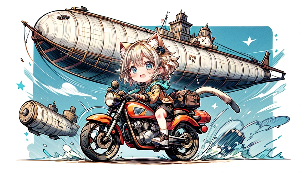 steampunk、Chibi character riding a motorcycle、Dynamic pose、look up、short hair、Cat ear、Flying Airship, Full of air,One girl、Big smile、Blonde Hair、Short Hair、Inner curls、紺色のTracksuits_White line from shoulder to wrist、Black shorts、Black sneakers_No socks、Tracksuits、Turquoise Eyes