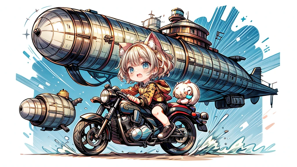 steampunk、Chibi character riding a motorcycle、Dynamic pose、look up、short hair、Cat ear、Flying Airship, Full of air,One girl、Big smile、Blonde Hair、Short Hair、Inner curls、紺色のTracksuits_White line from shoulder to wrist、Black shorts、Black sneakers_No socks、Tracksuits、Turquoise Eyes
