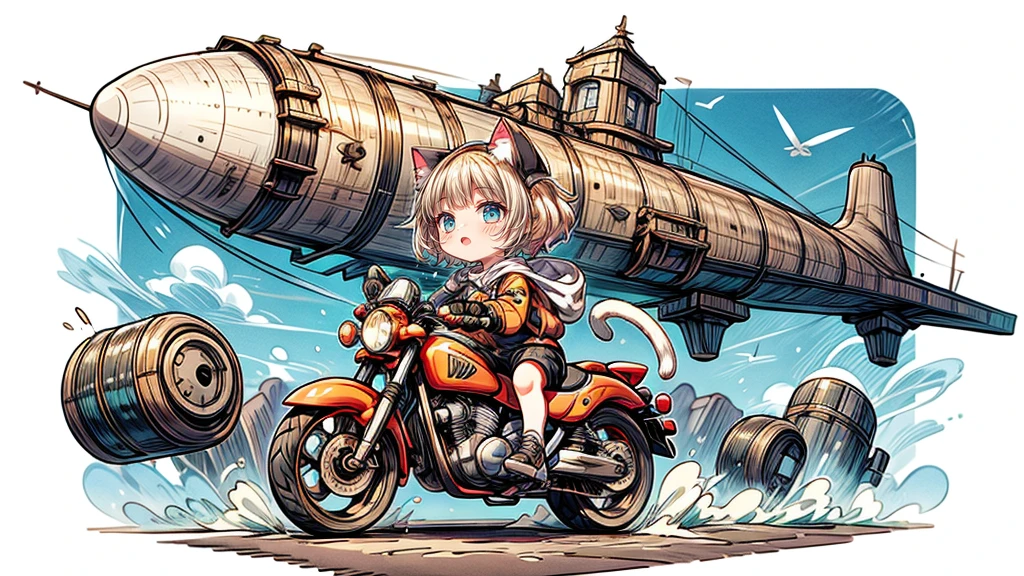 steampunk、Chibi character riding a motorcycle、Dynamic pose、look up、short hair、Cat ear、Flying Airship, Full of air,One girl、Big smile、Blonde Hair、Short Hair、Inner curls、紺色のTracksuits_White line from shoulder to wrist、Black shorts、Black sneakers_No socks、Tracksuits、Turquoise Eyes