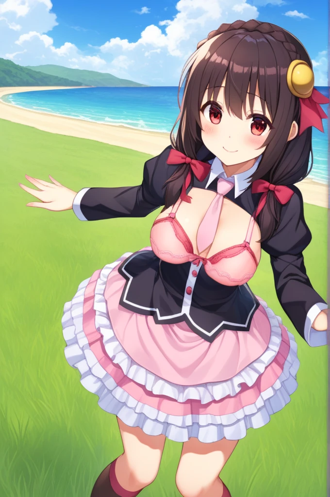 alone, One girl, smile, View your viewers, Crown Blade, hair ornaments, Hair Ribbon, Pink tie, Black long sleeve, Pink Skirt, Knee socks, Cleavage, grassland、Black Hair、Red Eyes、(blush:1.5)、Waterfront、(Her skirt flutters, exposing her pink underwear:1.5)