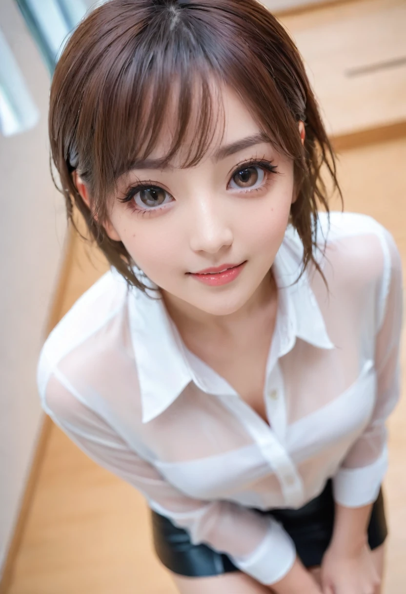 ((Layered haircuts、Colossal tits:1.2)),(8K,top-quality),full body shot shot,Watching from a distance,Distant shots,Classroom,s Office, meeting room, Pupils,class,JK skirt wearing see-through shirt,Wet shirt, adolable, ssmile, Thin face, short detailed hair, 32K, tmasterpiece, The highest image quality,超A high resolution,Perfect hands,up looking_で_peeping at the viewer,Wet skin, (((fullllbody))), fullllbody, Legs wide open, Open legs, look to the camera, Eye for detail, Beautiful eyes