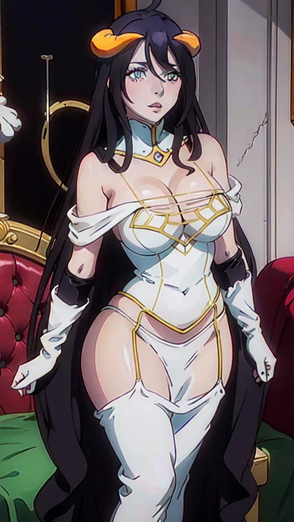 (masterpiece:1.6, best quality:1.4, real picture:1.2, intricate details:1.2), Albedo, 1girl, dark hair, red eyes, big lips, lip gloss, long hair, medium , bare shoulders, hourglass figure, (narrow waist), thick thighs, thick ass, deed stomach, sexy poutyps, cleavage, vaml, white latex micro bikini, sexy thight micro pans, detailed face a, black pantyhose, black gloves, seductose, royal room.