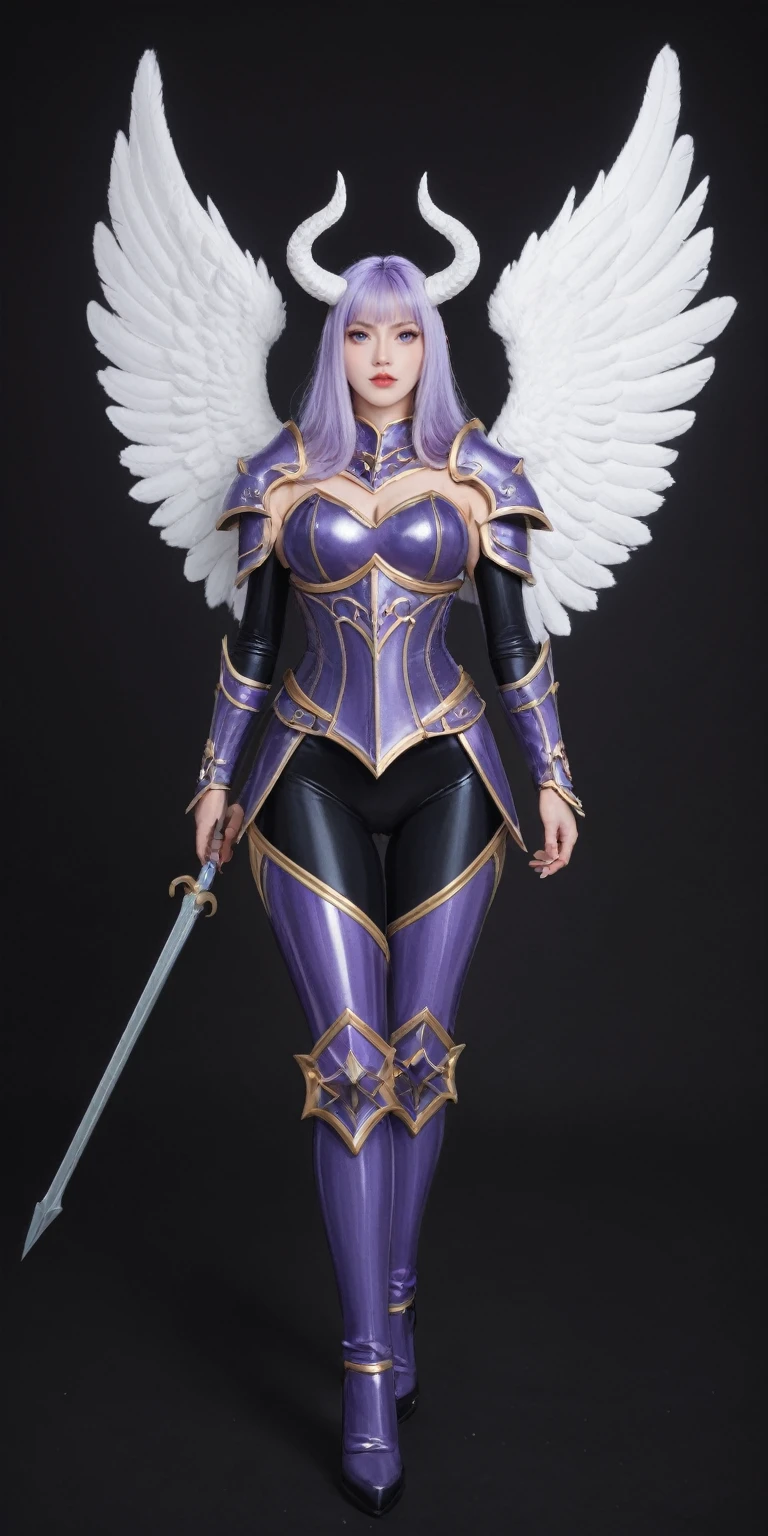 score_9, score_8_up, score_7_up, BREAK,
 a close up of a person wearing a costume, cgsociety contest winner, fantasy art, dark angel, purple armor, fantasy art behance, white horns queen demon,full body