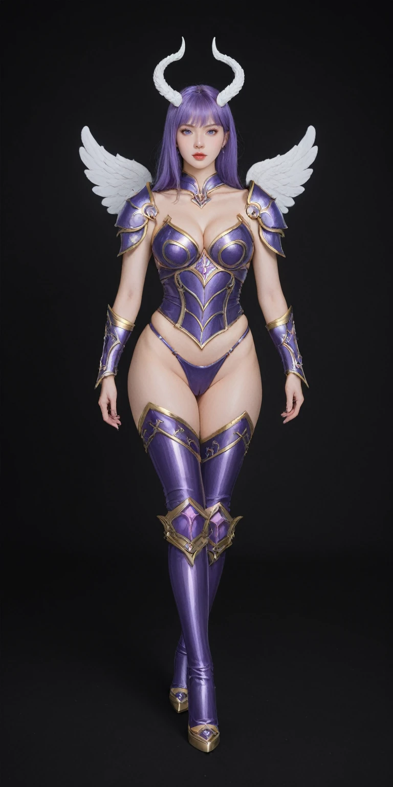 score_9, score_8_up, score_7_up, BREAK,
a close up of a person wearing a costume, cgsociety contest winner, fantasy art, dark angel, purple armor, fantasy art behance, white horns queen demon,full body