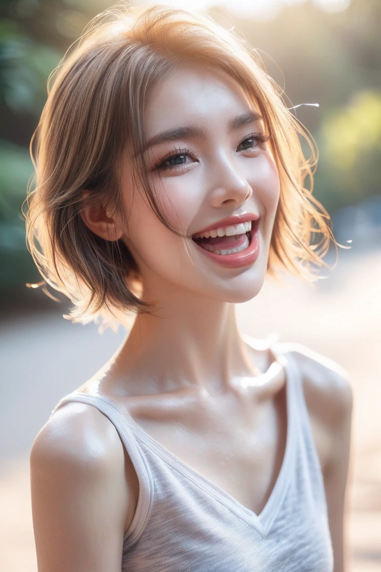 (Close-up shot: 1.4), (half body photo: 1.4), RAW UHD photo of a woman, (laughing face: 1.2) (Blonde short hair: 1.0), (Small Breasts: 1.5), (casual expression: 1.4), (white T-shirt), Background is Beach, sparkling Blue eyes with high detail, (perfect anatomy: 1.5), (day time: 1.5), (warm light mood and tone: 1.5), (bright light: 1.6).