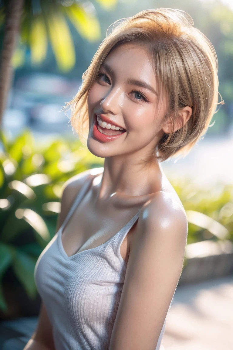 (Close-up shot: 1.4), (half body photo: 1.4), RAW UHD photo of a woman, (laughing face: 1.2) (Blonde short hair: 1.0), (Small Breasts: 1.5), (casual expression: 1.4), (white T-shirt), Background is Beach, sparkling Blue eyes with high detail, (perfect anatomy: 1.5), (day time: 1.5), (warm light mood and tone: 1.5), (bright light: 1.6).