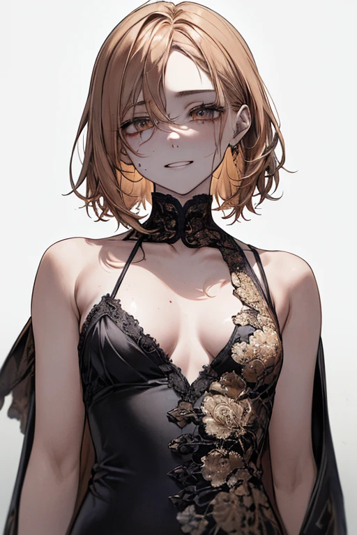(masterpiece:1.2, Highest quality), Anatomically correct body structure、(Actual photo, Intricate details), (1 Female, alone, Upper Body, Small breasts) ,whole body,Clothes:underwear:Shaving your head、Have a bold hair conner Color、Dramatic makeup,Choice behavior:traitor、Disobedient、Create mixed media art、experiment with different subcultural values:Personality、Crazy smile、Open eyes、Crazy eyes、Genuine、White background