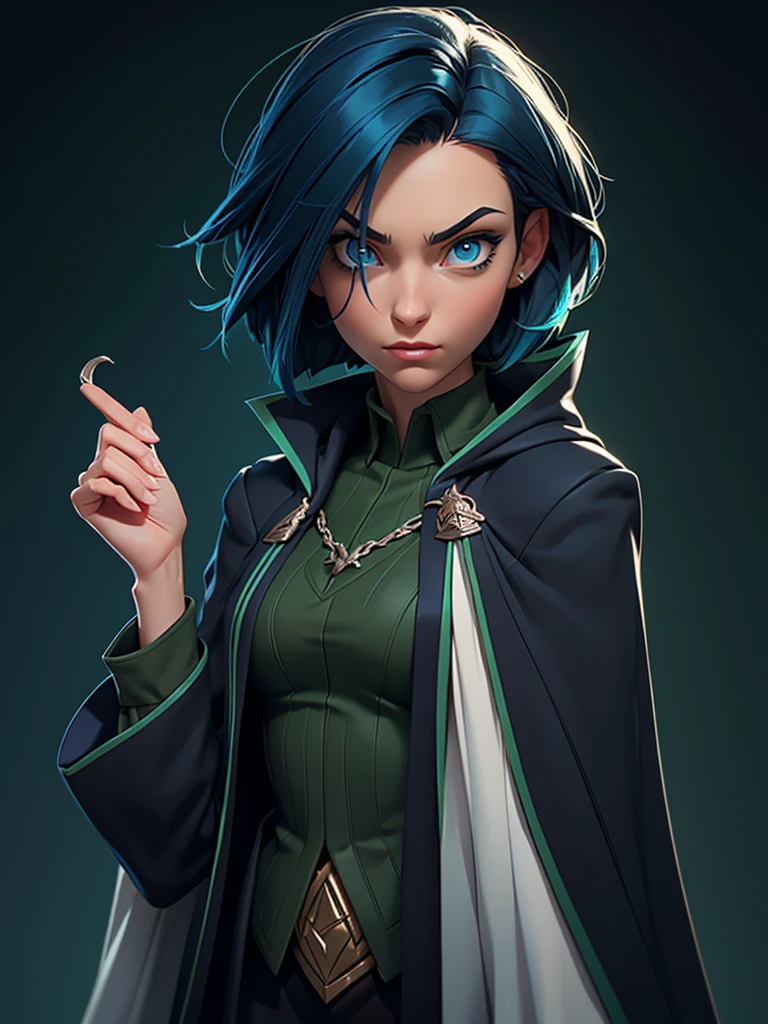 (best quality), 1girl, Female, tanned skin, black hair, blue tips, blue streaked hair, medium hair, asymmetric hairstyle, swoopy hair, blue eyes, perfect eyes, smug, slytherin hogwarts cloak, harry potter universe, slytherin, slender, small bust, masterpiece, anatomically correct, highres

