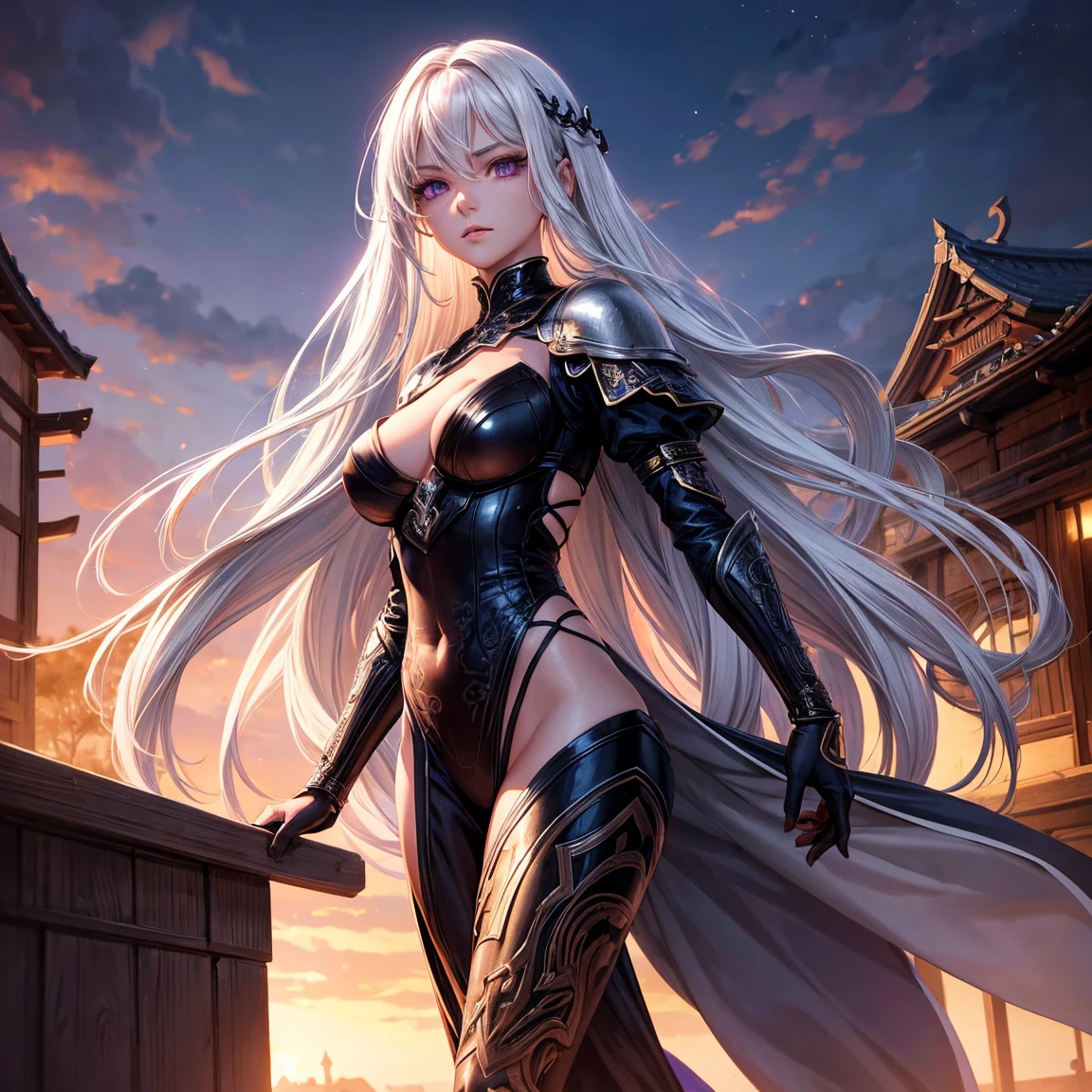 a woman, 1girl, long white hair, small breasts, purple eyes!!!, fair skin, blank face, sexy tight black combat outfit, no helmet, night, medieval japanese town, very sexy body, detailed face, beautiful detailed eyes, beautiful detailed lips, extremely detailed eyes and face, long eyelashes, detailed clothing, intricate details, highly detailed, photo realistic, 8k, best quality, masterpiece, cinematic lighting, dramatic lighting, vibrant colors, fantasy, digital art, concept art