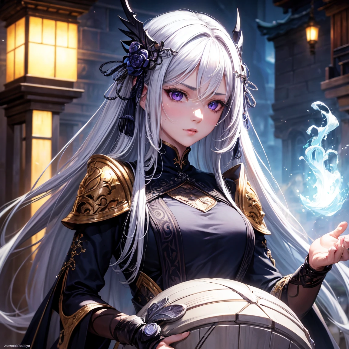 a woman, 1girl, long white hair, small breasts, purple eyes!!!, fair skin, blank face, sexy tight black combat outfit, no helmet, night, medieval japanese town, very sexy body, detailed face, beautiful detailed eyes, beautiful detailed lips, extremely detailed eyes and face, long eyelashes, detailed clothing, intricate details, highly detailed, photo realistic, 8k, best quality, masterpiece, cinematic lighting, dramatic lighting, vibrant colors, fantasy, digital art, concept art