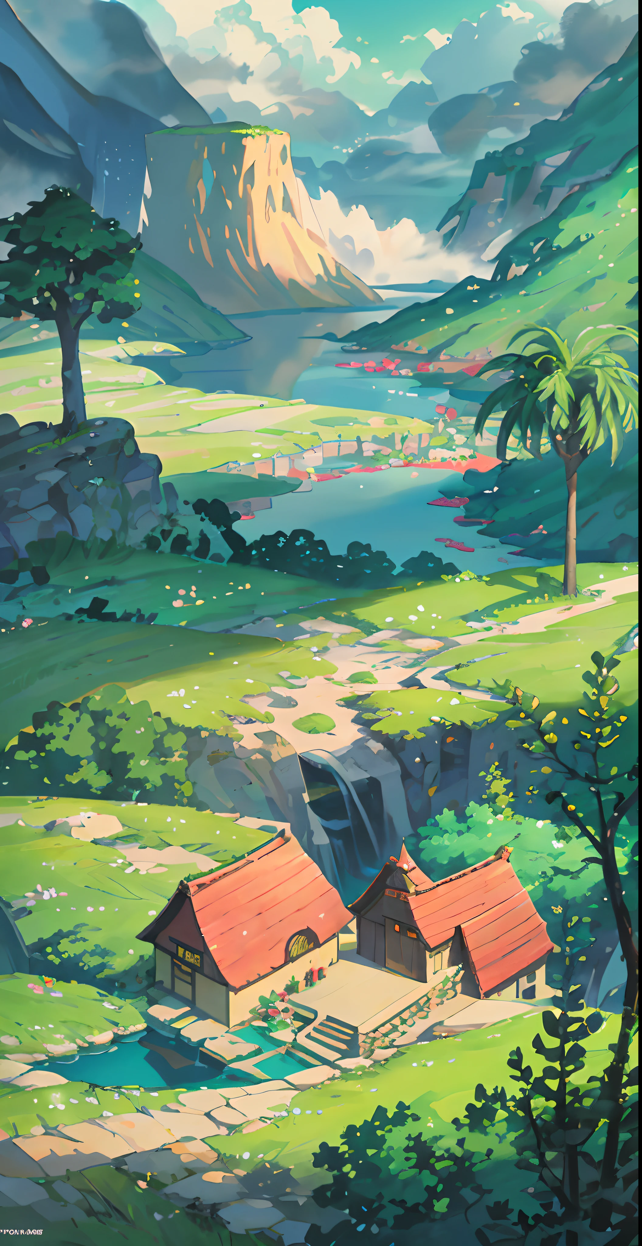 Chinese ancient times, spring, jungle, lake, cave, waterfall, tree, meadow, rock, hot spring, a plant,volcanoes,coconut palms,Antiquity,jurassic,Ancient plants,rios,grass field,grassy fields,Faraway view,mont,volcanoes,cliff,clouds,sun light, water vapor, illustration,Cartoon drawing,Lively children's drawing,Illustrations in storybooks,Cartoon coloring page,KIDS ILLUSTRATION,Disney,cartoony,Paramount,dreamworks,(illustration: 1.0), epic composition, realistic lighting, HD details, masterpiece, best quality, (very detailed CG unified 8k wallpaper)