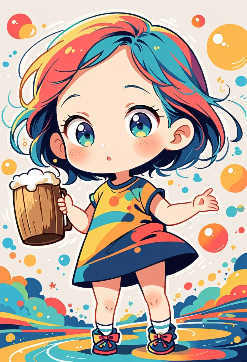 Osamu Tezuka style, under big blue sky, standing in middle of road, girl holding big beer mug, simple line initials, abstract art, simple background, (((most beautiful girl))), ((chibi))