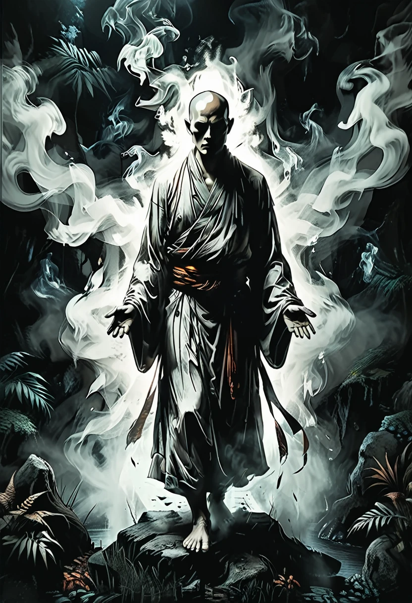 ((side view):2),close up portrait of line ghosts of Buddhist monks, many ghosts, without faces, shadows, night, jungle, smoke, fog, opened mouth, graphic style of novel comics, 2d, 8k, hyperrealism, masterpiece, high resolution, best quality, ultra-detailed, super realistic, Hyperrealistic art, high-quality, ultra high res, highest detailed, lot of details, Extremely high-resolution details, incredibly lifelike, colourful, soft cinematic light,