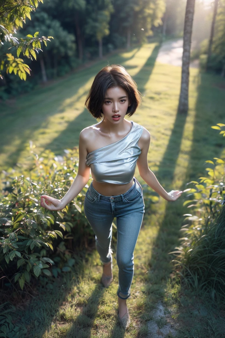 (Aerial view shot: 1.4), (full body photo: 1.4), RAW UHD photo of a woman, (surprised face: 1.2) (Black bob cut hair: 1.0), (Medium Breasts: 1.5), (shocked expression: 1.4), (blue jeans and white top), Background is Forest, captivating Green eyes with high detail, (perfect anatomy: 1.5), (morning time: 1.5), (natural light mood and tone: 1.5), (soft light: 1.6).