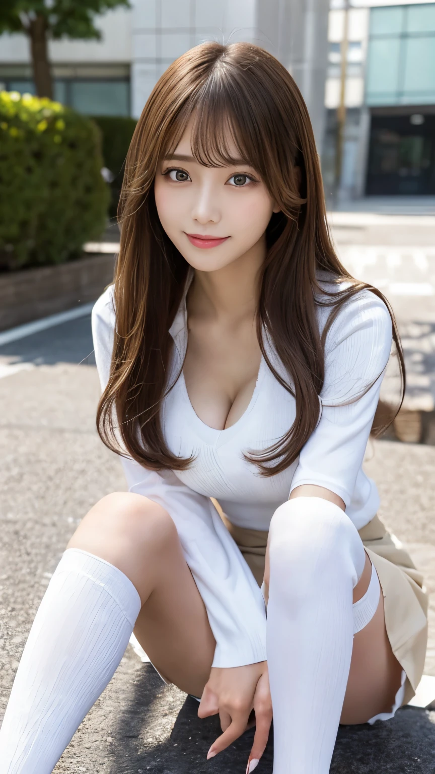 (NSFW:0.9), 1 girl,nurse,25 year old beautiful woman,alone, Hospital corridor,Best Smile, small breasts, white trench coat nurse uniform,open clothes, slender body shape,small pink lace bra:1.5,small pink lace panties:1.5,Fancy makeup with red eyeshadow,Brown short cut with side waves,sitting on a chair in a hospital examination room,