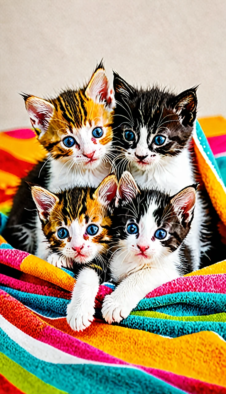 Three kittens playing wrapped around a colorful towel.