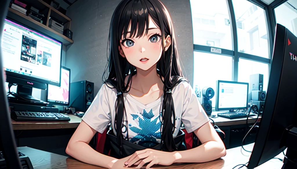 Girl doing live in front of the gaming PC sitting,
And leave it in a fisheye lens Pay more attention to the scene