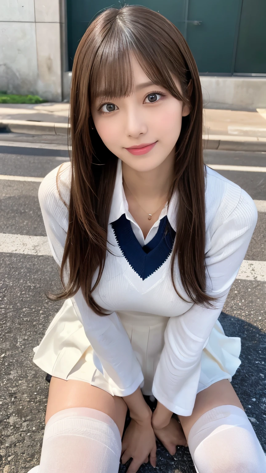 (Detailed skin:1.2),(Shiny skin:1.1),8K,Highest quality, masterpiece, Ultra-high resolution,(Realistic:1.4), RAW Photos,(Soft saturation:1.3),(Fair skin:1.2),Japanese Idols,repair,20 years, Light brown hair, (Long Hairstyles:1.2), Asymmetrical Hair, Asymmetrical bangs (Pretty face:1.4), (Large Breasts, Tight waist), Beautiful lighting, Small Head, (Student Uniform:1.2,),((White knee-high socks:1.2)),Highly detailed face, Highly detailed lips, fine grain, double eyelid,(Full Body Shot:1.2), Browsing Caution, (Sharp focus: 1.2), (Perfect Anatomy、Beautiful woman with perfect figure: 1.2)、Exposing cleavage、Model-like pose,Accentuate your leg lines、Smiling