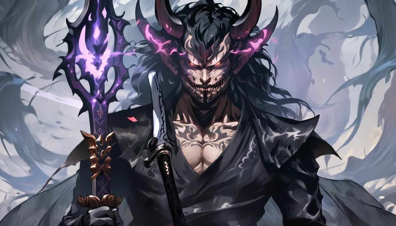 demon mask, sword on the hand,close up, black heavy detailed clothes, hand katana, art, dark and malevolent, hand sword, armor, powerful and intimidating, (masterpiece, best quality, ultra-detailed, best shadow), (detailed background, dark fantasy) dramatic light, intricate details, dark and malevolent, powerful and intimidating, Dark and foreboding, malevolent force, sinister and chilling, armor, high detailed background, girl in demon slayer art, demon slayer art style, epic anime art, God death