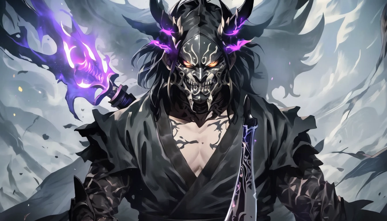 demon mask, sword on the hand,close up, black heavy detailed clothes, hand katana, art, dark and malevolent, hand sword, armor, powerful and intimidating, (masterpiece, best quality, ultra-detailed, best shadow), (detailed background, dark fantasy) dramatic light, intricate details, dark and malevolent, powerful and intimidating, Dark and foreboding, malevolent force, sinister and chilling, armor, high detailed background, girl in demon slayer art, demon slayer art style, epic anime art, God death