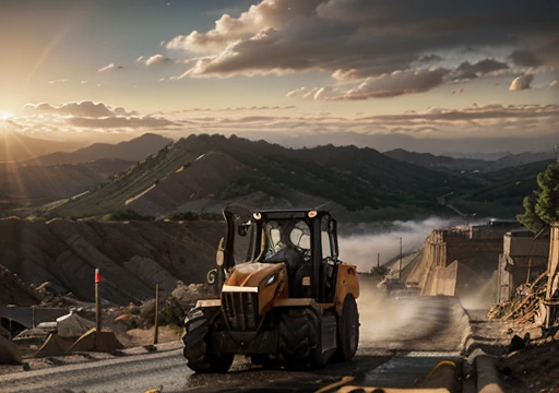 raw orange Lonking LG833 wheel loader, construction site, landmark work , epic, absurdres, cinematic, dynamic view angle, volumetric lights, mist, cinematic, dramatic angle, dutch angle, quarry, dust, volumetric lights, wet road after rain, mist, sunset, sun low on horizon, clouds