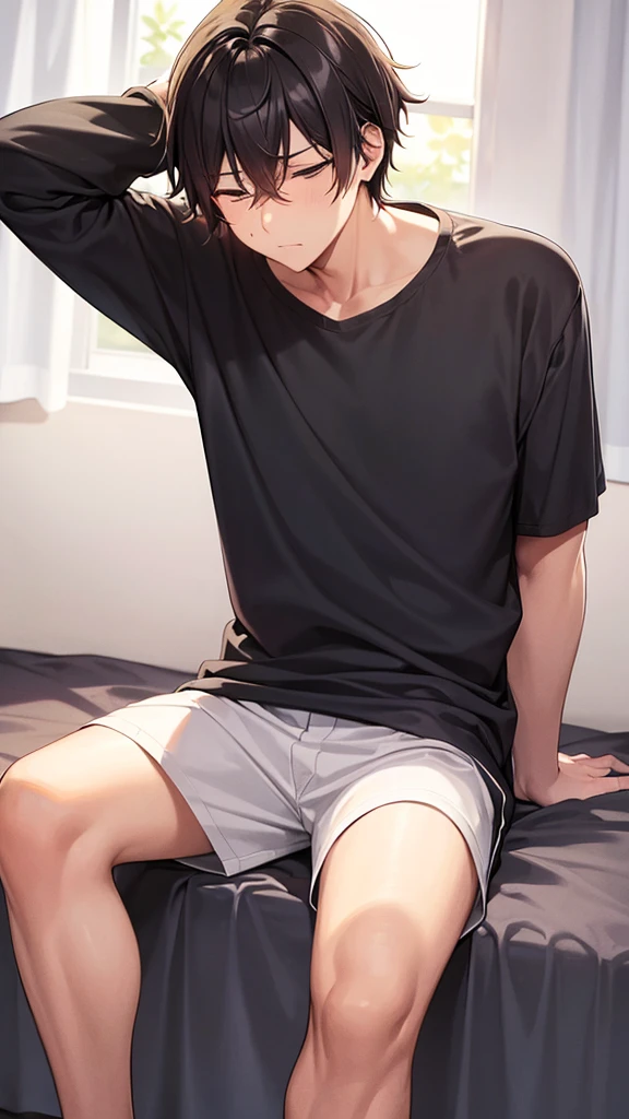 A man sitting on the edge of his bed, rubbing his eyes.