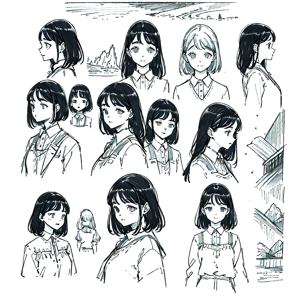 One Girl,Line art,Monochrome,sketch,Pencil drawing,Traditional Media,One Girl, skirt,Cute Teenage Girls, ,Beautiful portrait、Delicate body、Black Hair、Black Hair,landscape (Multiple Views, Multiple Angles), Side view, Front view, look up, Look down, Rear View, 20-degree head view