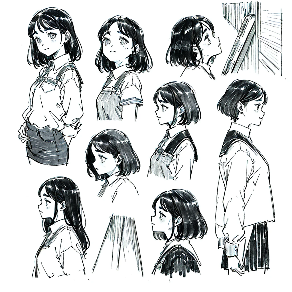 One Girl,Line art,Monochrome,sketch,Pencil drawing,Traditional Media,One Girl, skirt,Cute Teenage Girls, ,Beautiful portrait、Delicate body、Black Hair、Black Hair,landscape (Multiple Views, Multiple Angles), Side view, Front view, look up, Look down, Rear View, 20-degree head view