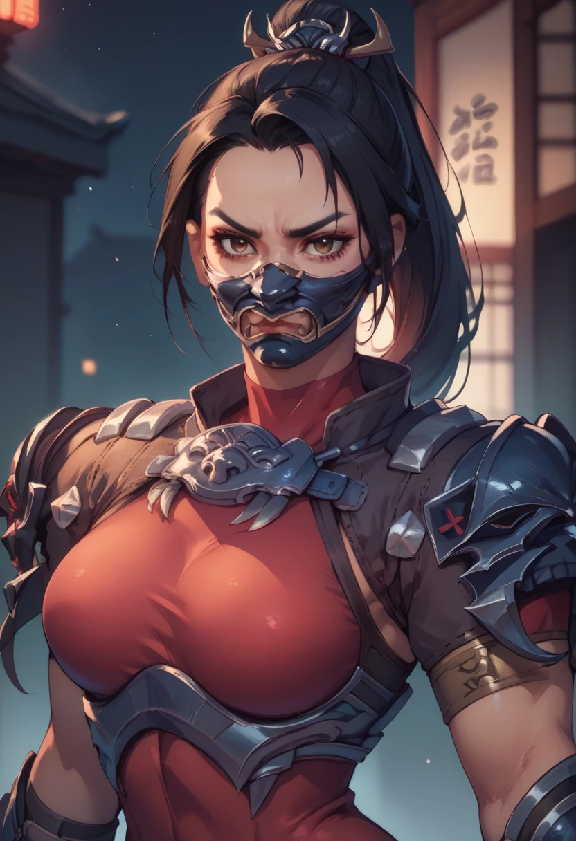 Taki,black hair,brown eyes,ponytail,hair ornament,
red bodysuit,mask,serious,shoulder armor,arm guards,skin tight,
standing,upper body,
edo period,night,