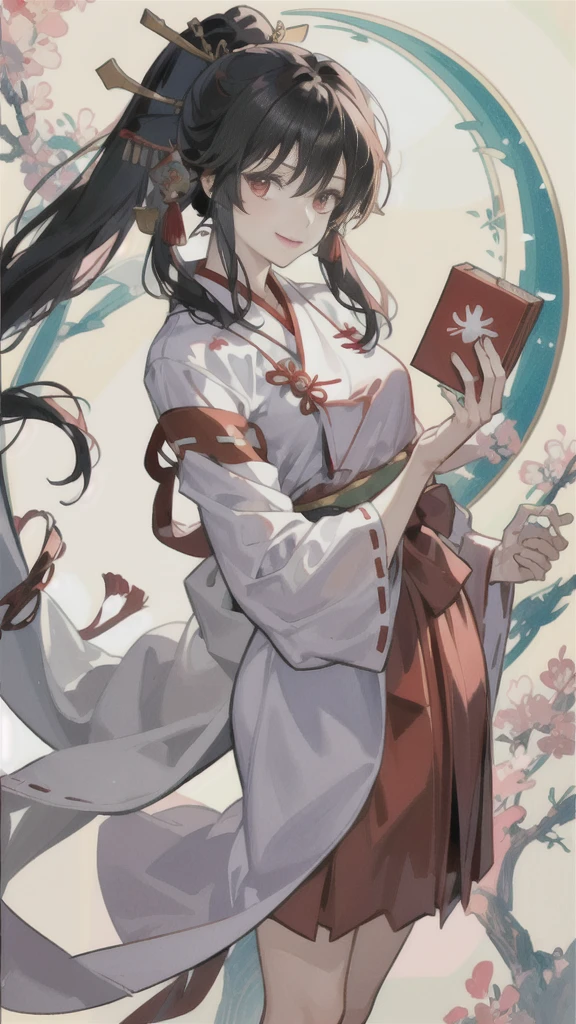 The image shows an illustrated character, likely from an anime or manga. The character has long dark hair and is wearing a traditional shrine maiden (miko) outfit, consisting of a white top (haori) with red accents and a red skirt (hakama). The character is holding what appears to be a bow without the string, and there are white ribbon-like effects surrounding the character, suggesting movement or a magical element. The face of the character has been pixelated to obscure it. The character has no accessories. Please create the new illustration in a soft, pencil-drawn style based on this description. With a smile on your face