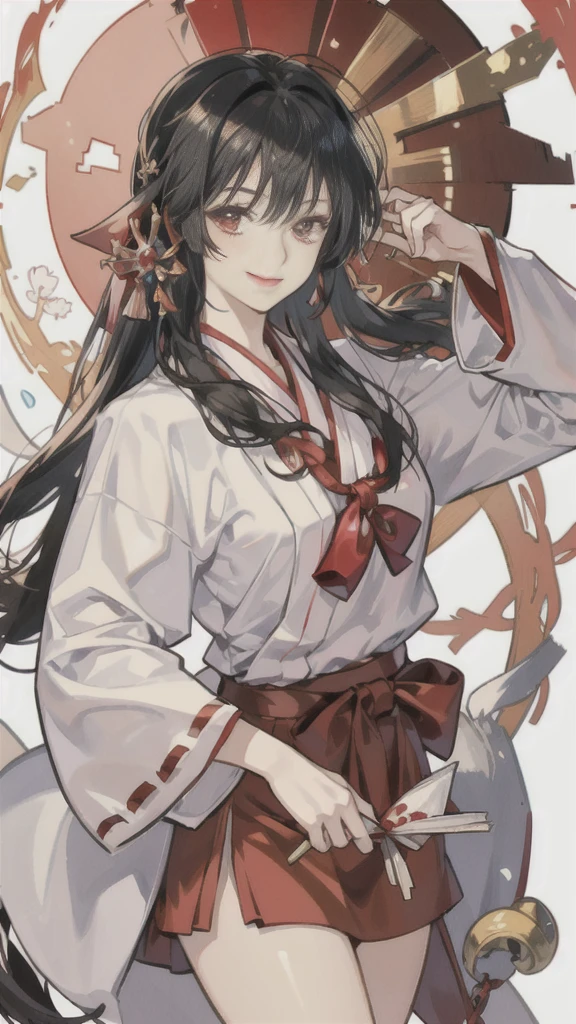 The image shows an illustrated character, likely from an anime or manga. The character has long dark hair and is wearing a traditional shrine maiden (miko) outfit, consisting of a white top (haori) with red accents and a red skirt (hakama). The character is holding what appears to be a bow without the string, and there are white ribbon-like effects surrounding the character, suggesting movement or a magical element. The face of the character has been pixelated to obscure it. The character has no accessories. Please create the new illustration in a soft, pencil-drawn style based on this description. With a smile on your face