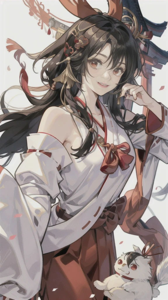 The image shows an illustrated character, likely from an anime or manga. The character has long dark hair and is wearing a traditional shrine maiden (miko) outfit, consisting of a white top (haori) with red accents and a red skirt (hakama). The character is holding what appears to be a bow without the string, and there are white ribbon-like effects surrounding the character, suggesting movement or a magical element. The face of the character has been pixelated to obscure it. The character has no accessories. Please create the new illustration in a soft, pencil-drawn style based on this description. With a smile on your face