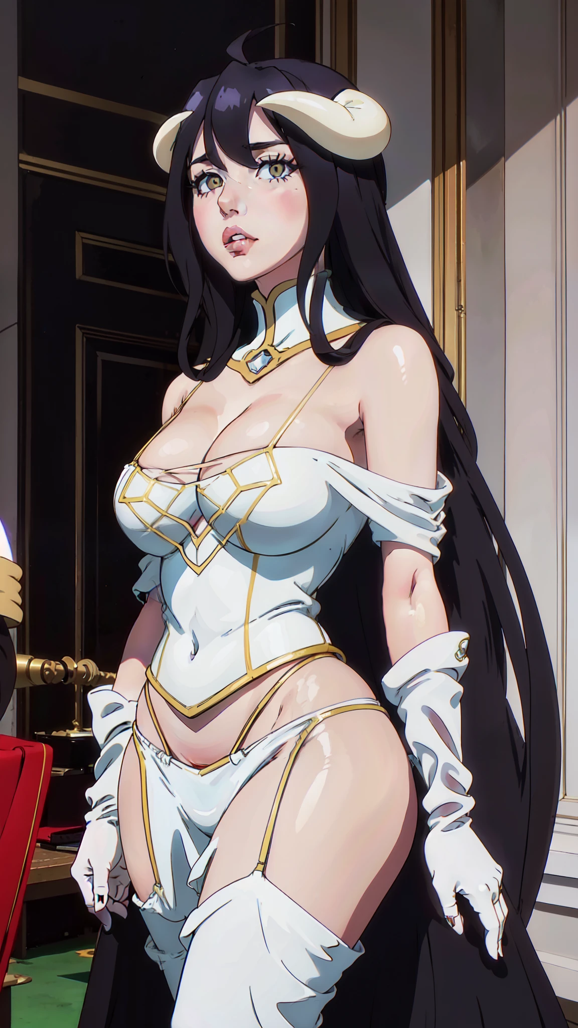 (masterpiece:1.6, best quality:1.4, real picture:1.2, intricate details:1.2), Albedo, 1girl, dark hair, red eyes, big lips, lip gloss, long hair, medium breasts, bare shoulders, hourglass figure, (narrow waist), thick thighs, thick ass, defined stomach, sexy pouty lips, cleavage, vampire girl, white latex micro bikini, sexy thight micro panties, detailed face and eyes, black pantyhose, black gloves, seductive pose, royal room.