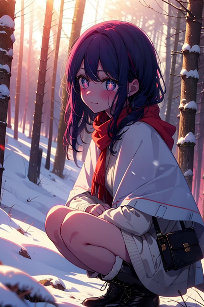 aihoshino, Ai Hoshino, Long Hair, bangs, (Purple eyes:1.1), Purple Hair, (Symbol-shaped pupil:1.5), smile,,smile,blush,White Breath,
Open your mouth,snow,Ground bonfire, Outdoor, boots, snowing, From the side, wood, suitcase, Cape, Blurred, , forest, White handbag, nature, Squat, Mouth closed, Cape, winter, Written boundary depth, Black shoes, red Cape break looking at viewer, Upper Body, whole body, break Outdoor, forest, nature, break (masterpiece:1.2), Highest quality, High resolution, unity 8k wallpaper, (shape:0.8), (Beautiful and beautiful eyes:1.6), Highly detailed face, Perfect lighting, Highly detailed CG, (Perfect hands, Perfect Anatomy),
