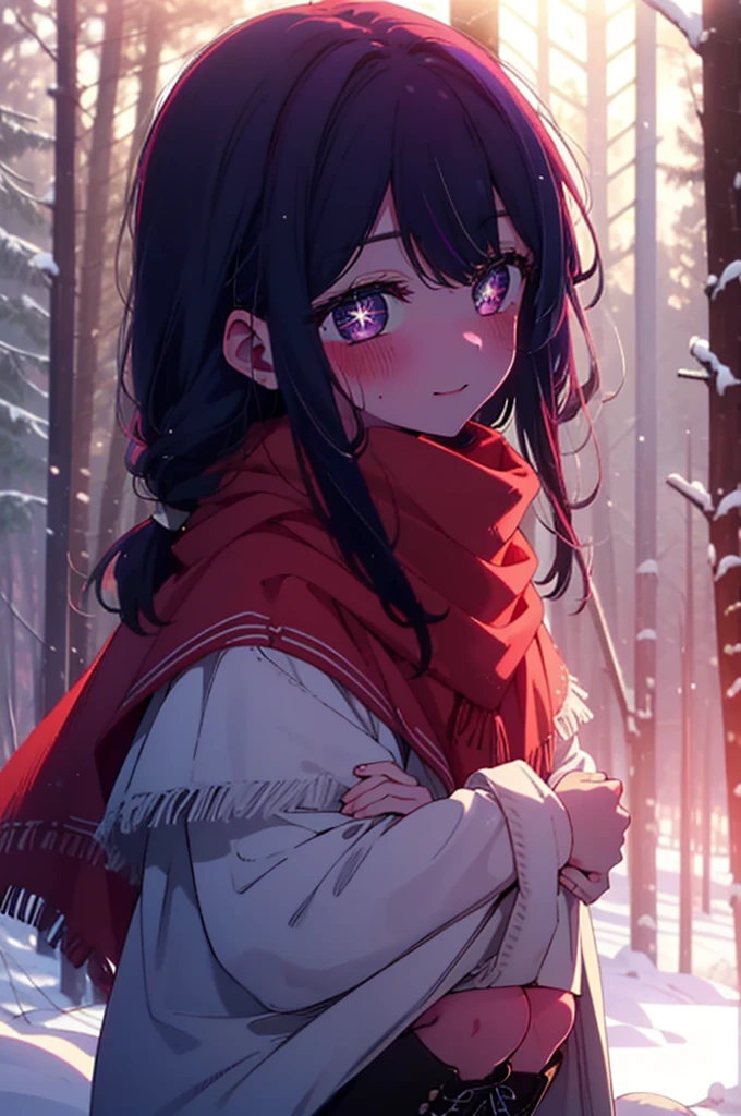 aihoshino, Ai Hoshino, Long Hair, bangs, (Purple eyes:1.1), Purple Hair, (Symbol-shaped pupil:1.5), smile,,smile,blush,White Breath,
Open your mouth,snow,Ground bonfire, Outdoor, boots, snowing, From the side, wood, suitcase, Cape, Blurred, , forest, White handbag, nature,  Squat, Mouth closed, Cape, winter, Written boundary depth, Black shoes, red Cape break looking at viewer, Upper Body, whole body, break Outdoor, forest, nature, break (masterpiece:1.2), Highest quality, High resolution, unity 8k wallpaper, (shape:0.8), (Beautiful and beautiful eyes:1.6), Highly detailed face, Perfect lighting, Highly detailed CG, (Perfect hands, Perfect Anatomy),