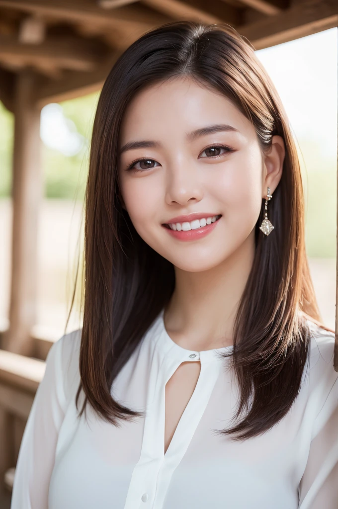 (In 8K, Highest quality, Tabletop, Ultra-high resolution, High quality face:1.5), (Very detailed), Staring at you, (18-year-old girl:1.3),(Photorealistic:1.4) (Close-up:1.6), 1 beautiful girl, White skin, (とてもWhite skin, Glittering Skin:1.4), Pin Spot Light, (Beautiful Eyes, Light in your eyes), Shiny, Hair that makes you want to touch it, Squint your eyes and laugh, Dazzling Smile, de luz, cute, refreshing, Straight Long Hair, ((She wears a pure white blouse)), Super low-rise, 8 Life-size, Accuracy, Soft hips, (Japanese),Portraiture