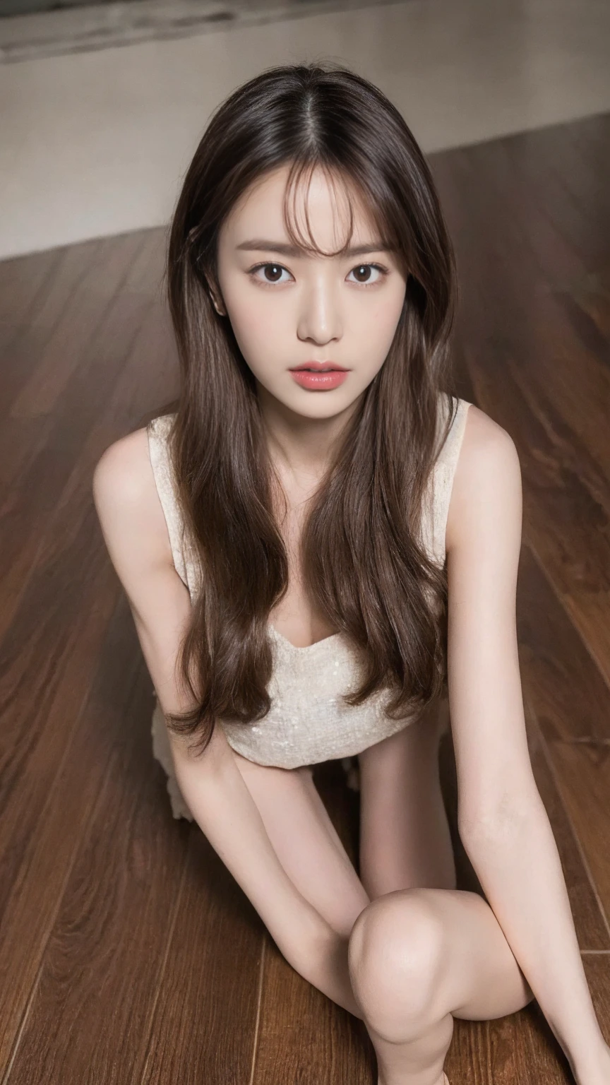 ((Highest quality, 8K, masterpiece: 1.3)), beauty, 1 Girl, beautiful: 1.3, Slim Abs: 1.1, Dark brown hair, (Kneel on the floor, Spread your legs: 1.2), Ultra detailed face, Highly detailed lips, Fine grain, double eyelid