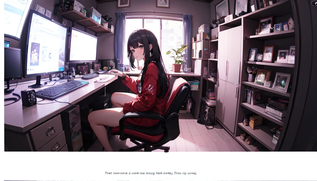 Girl doing live in front of the gaming PC sitting,
And leave it in a fisheye lens Pay more attention to the scene