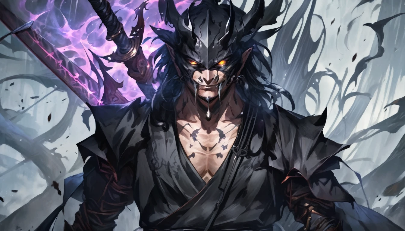 demon mask, sword on the hand,close up, black heavy detailed clothes, hand katana, art, dark and malevolent, hand sword, armor, powerful and intimidating, (masterpiece, best quality, ultra-detailed, best shadow), (detailed background, dark fantasy) dramatic light, intricate details, dark and malevolent, powerful and intimidating, Dark and foreboding, malevolent force, sinister and chilling, armor, high detailed background, girl in demon slayer art, demon slayer art style, epic anime art, God death