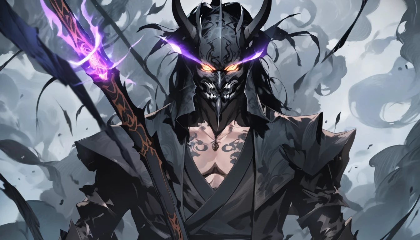 demon mask, sword on the hand,close up, black heavy detailed clothes, hand katana, art, dark and malevolent, hand sword, armor, powerful and intimidating, (masterpiece, best quality, ultra-detailed, best shadow), (detailed background, dark fantasy) dramatic light, intricate details, dark and malevolent, powerful and intimidating, Dark and foreboding, malevolent force, sinister and chilling, armor, high detailed background, girl in demon slayer art, demon slayer art style, epic anime art, God death