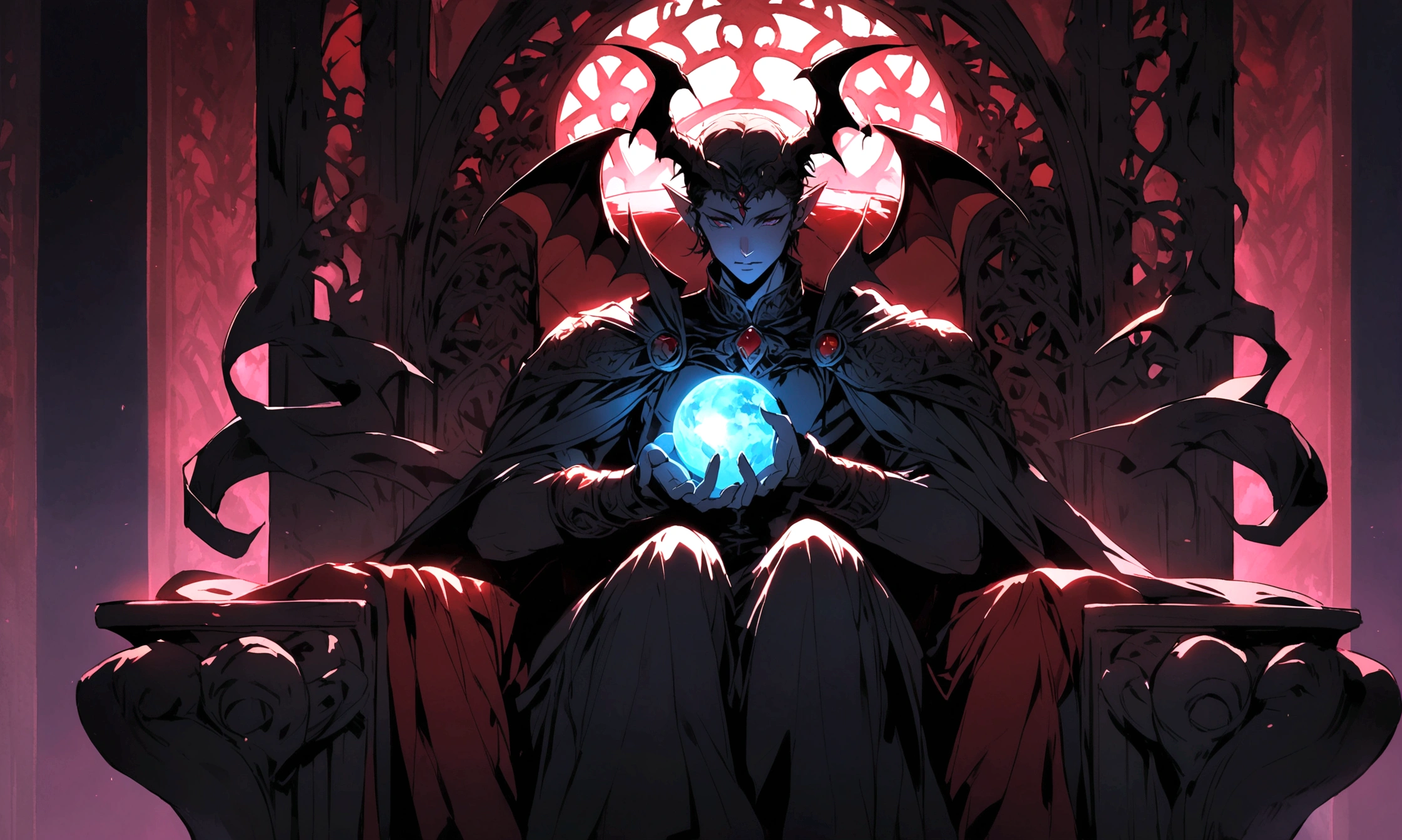 A demon sits on the throne and holds the world in his hand