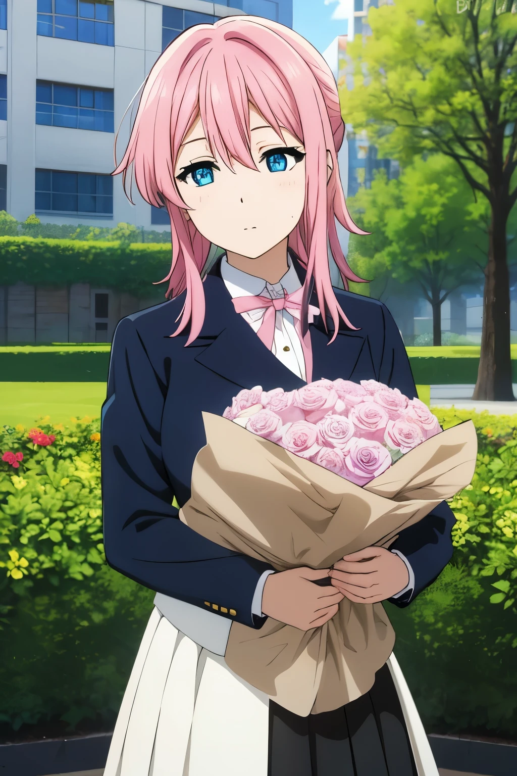 Pink hair, blue eyes, tight black secretary skirt, black blazer, white formal blouse, and a bouquet of roses.